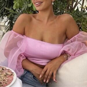 Zara Pink Off-Shoulder Puff Sleeve Crop Top